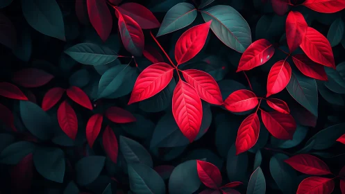 Velvety red leaves glowing softly against deep teal shade.