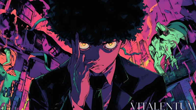 Neon-contrast psychic portrait in glitching urban vortex.