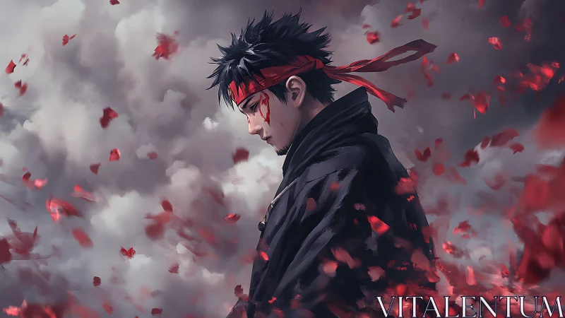 Solitary male figure with red petals in stormy atmosphere.