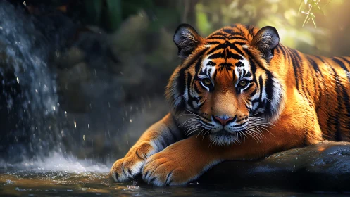 Calm tiger resting by a gentle forest waterfall at dusk.