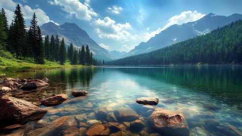 Mountain lake reflects pine forests under bright summer sky.