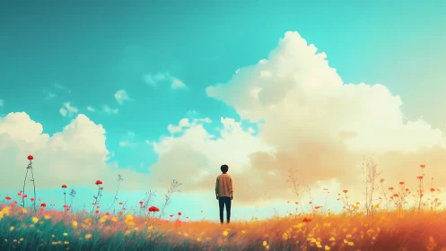 Solitary figure in flower field under expansive clouded sky.