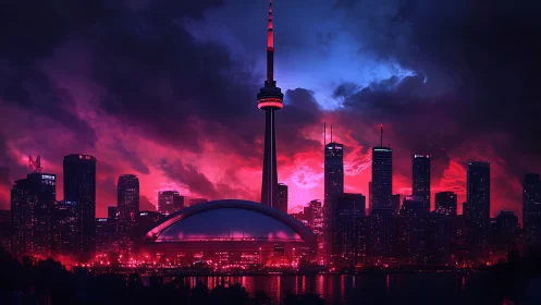 Neon-lit CN Tower over moody sci-fi Toronto skyline.