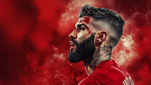 Digital painting portrait in dynamic red atmospheric field.