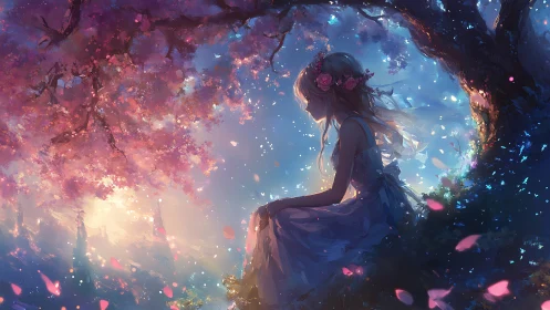 Dreaming girl rests beneath glowing cherry blossoms at dusk
