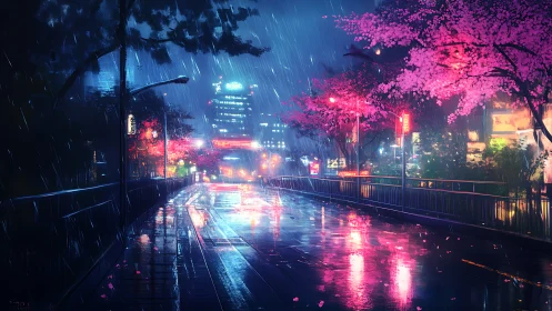 Nocturnal rain-soaked boulevard with neon and cherry blossoms