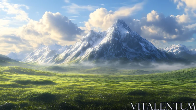 Snowcapped mountain over bright green valley at sunrise.