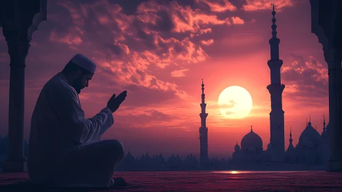Man in prayer before mosque skyline at sunset light.