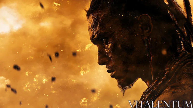 Warrior wrapped in firelight, lost in focused resolve.