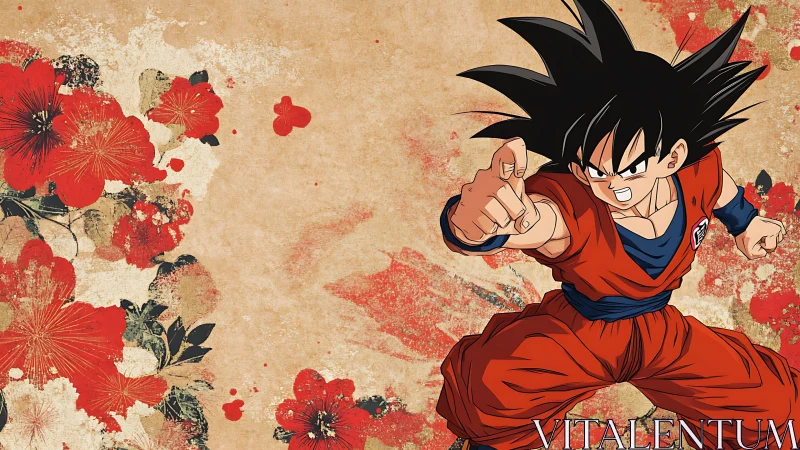 Dynamic martial artist charges amid bold red florals.