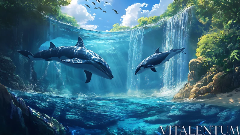Playful dolphins drifting beneath sunlit waterfall worlds.