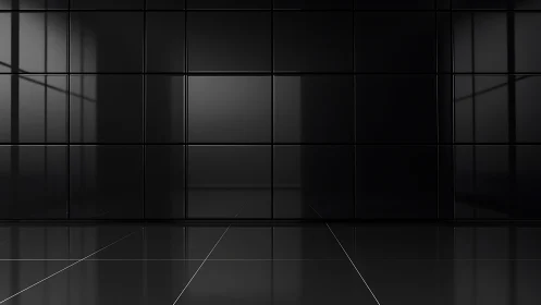 Dark reflective tiled wall and floor in empty space.