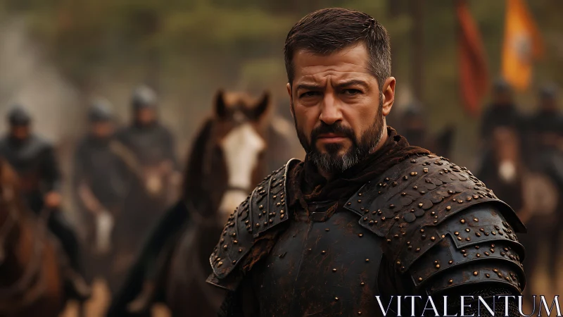 Medieval commander in studded armor, cinematic close-up profile.