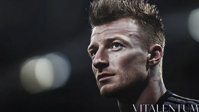Close-up portrait of focused male football player at night.