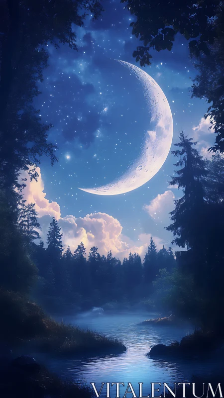 Enchanted crescent moon rises above a misty forest river.
