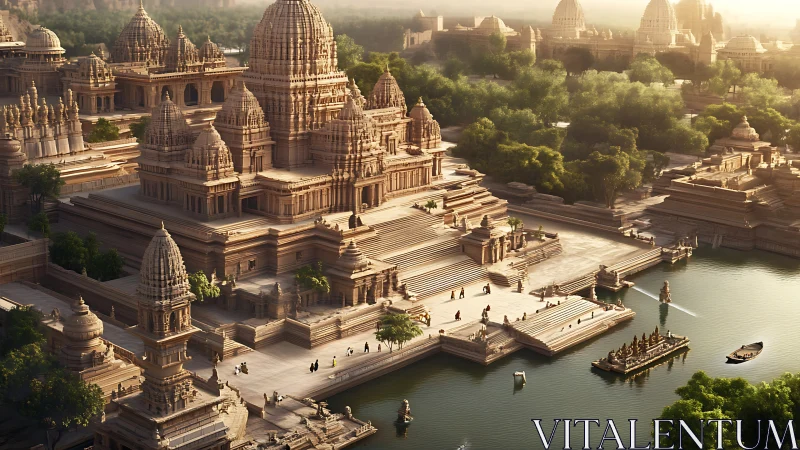 Digital painting of stepped riverfront temple complex at dusk.