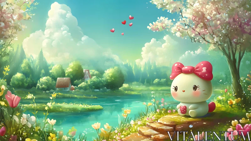 Sweet bow‑kitten daydream by a blooming riverside path.