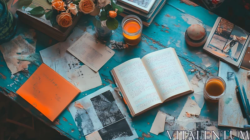 Vintage journal workspace on distressed teal desk.