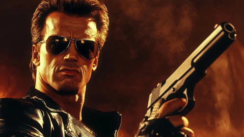 Cinematic close-up of armed man in leather jacket under warm rim light