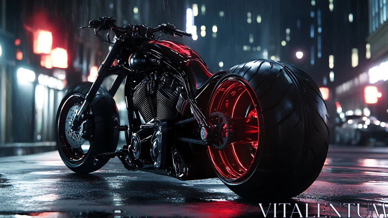 Low-slung custom power cruiser in neon-lit wet night street
