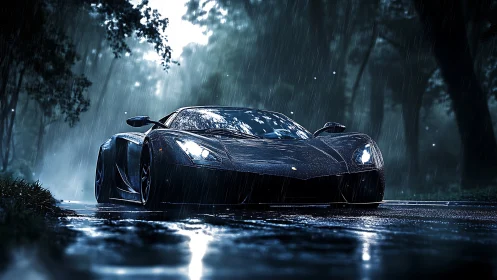 Black supercar on wet forest road under heavy rainfall.