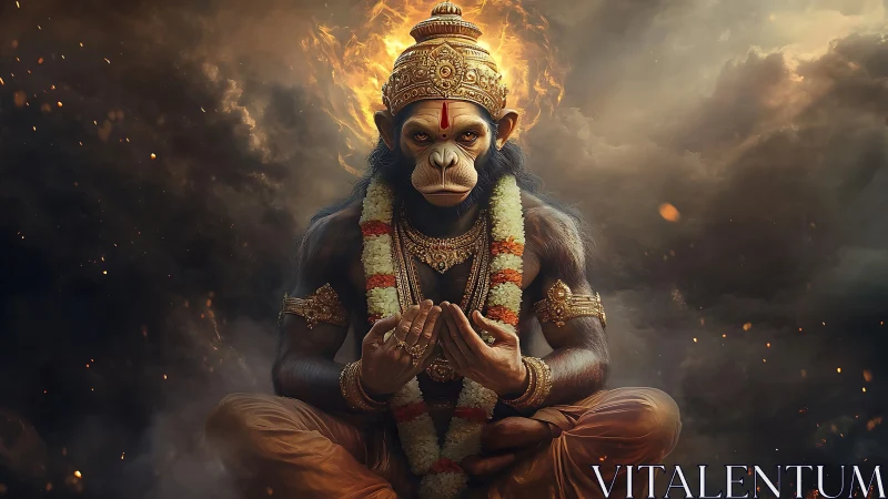 Hybrid simian deity portrait uses dramatic rim lighting and volumetrics