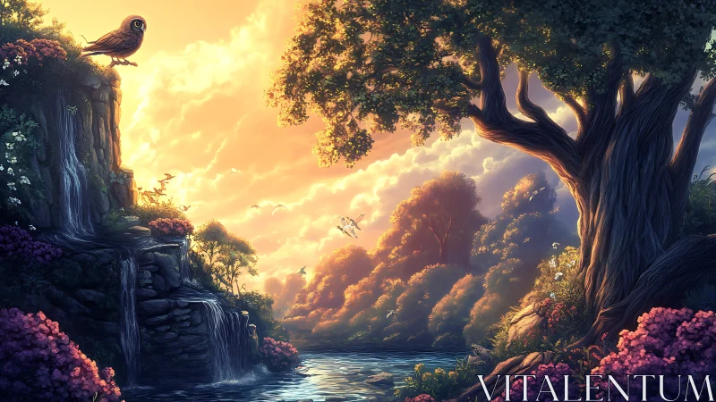 Enchanted forest sunrise with owl above cascading waterfall.