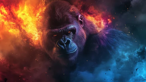 Fiery gorilla portrait framed by blazing fire and cold smoke.