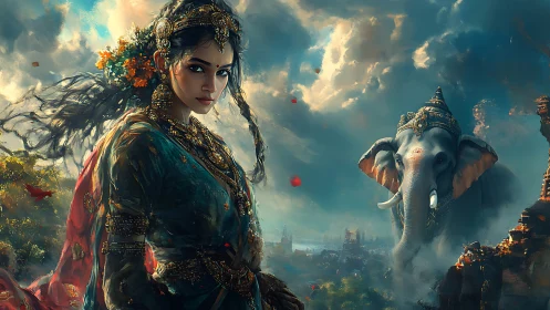 Regal warrior priestess confronts horizon beside crowned elephant