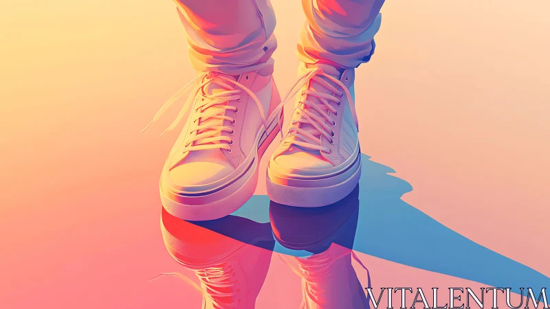 Pastel gradient sneakers casting sharp reflective planar shadows