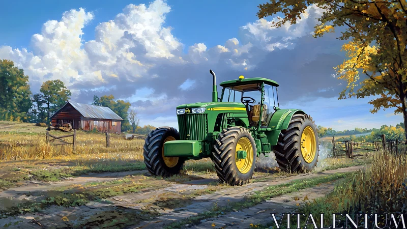 Green agricultural tractor on rural dirt lane in autumn light