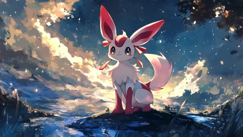 Fantasy fox creature under luminous twilight sky.