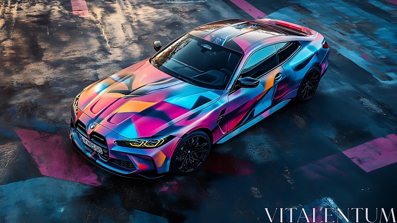 Multicolor geometric vinyl-wrapped BMW coupe on wet asphalt surface
