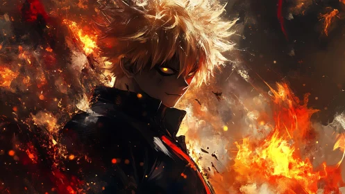 Anime character with spiky hair amid intense surrounding fire.