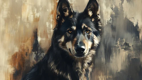 Expressive wolf portrait with textured abstract brushwork.