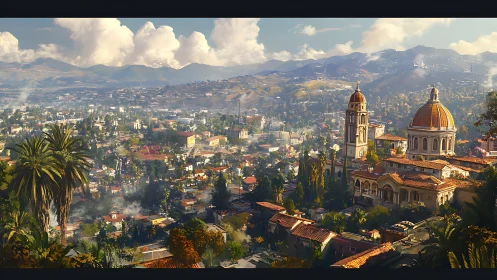 Sunlit hillside cityscape with domed cathedral architecture.