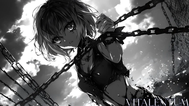 Chainlit sky rebel in stormlit monochrome awakening.