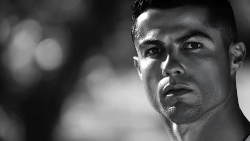 Steel-gazed portrait in cinematic black and white glow.