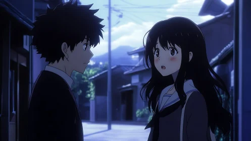 Evening street scene with two anime students in profile.