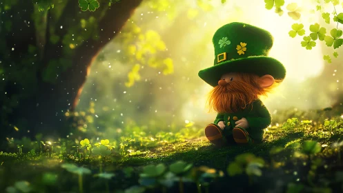 Whimsical leprechaun resting in glowing clover forest scene.