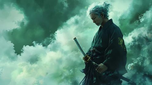 Weathered samurai stands in quiet resolve among soft clouds.