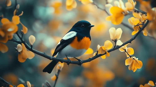 Vibrant songbird perched on blossoming branch, dreamy soft-focus style.