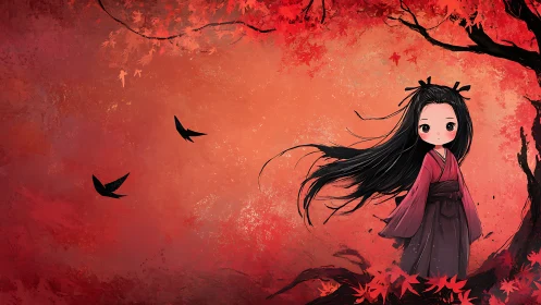 Autumn wind fairy girl beneath crimson maple skies.