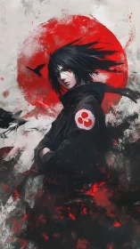 Brooding raven-eyed warrior beneath a bleeding red moon.