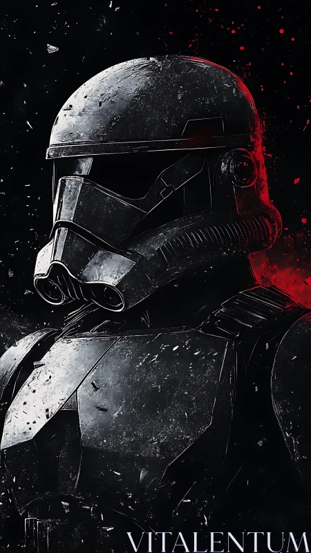 Armored sentinel in scarlet-slashed galactic darkness.