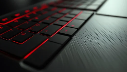 Close-up of red backlit keyboard on brushed metal laptop.