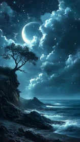 Moonlit ocean cliff under dramatic storm clouds at night.