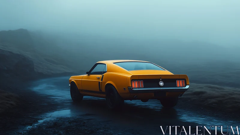 Yellow muscle car waits on misty mountain road at dusk