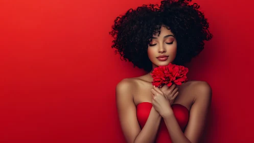 Woman in red embraces flower against vivid scarlet backdrop.
