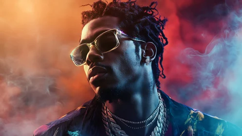 Stylish man in sunglasses with colorful smoky backdrop.